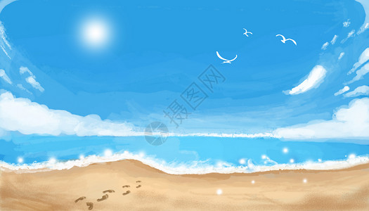 意境海滩海景手绘背景插画
