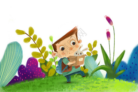 自然学校放学路上抱兔子的小男孩插画