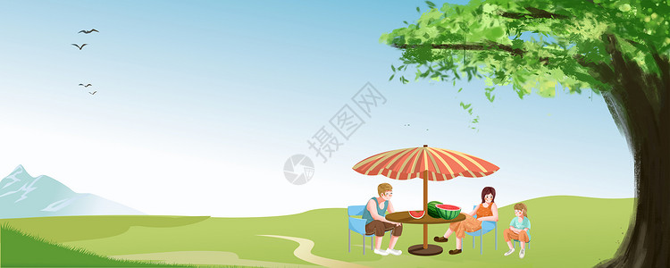 户外野餐食物一家人树下乘凉设计图片
