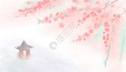中国风桃花边框手绘桃花柳条唯美清新中国风背景插画