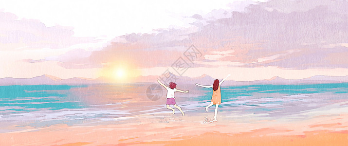 海边度假的闺蜜海边日出少女插画插画
