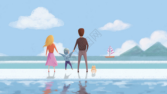 温暖的家庭一家三口海边看海插画