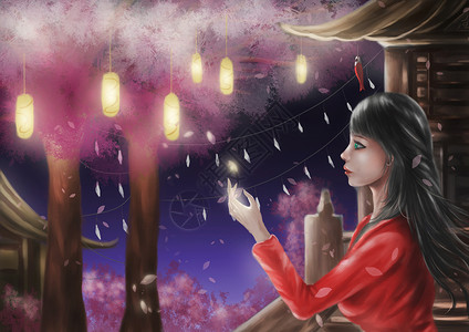 夜景光晕神社樱花树下的少女插画