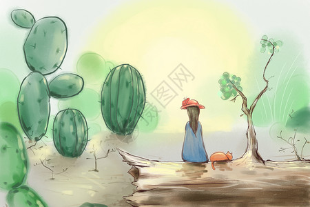仙人掌沙漠孤独的女孩插画背景图片