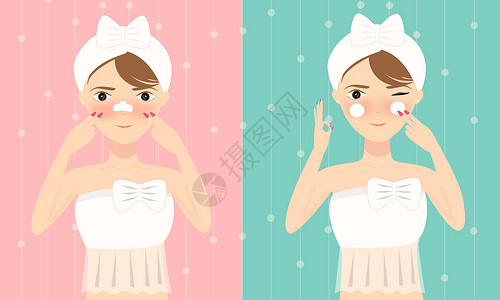 洗脸毛巾在做美容护肤的美女插画