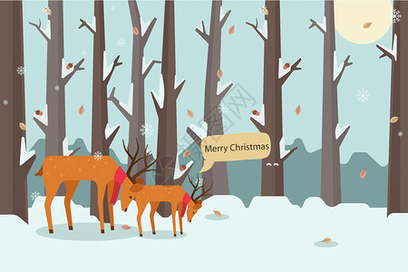 手绘小鹿圣诞麋鹿雪景设计图片