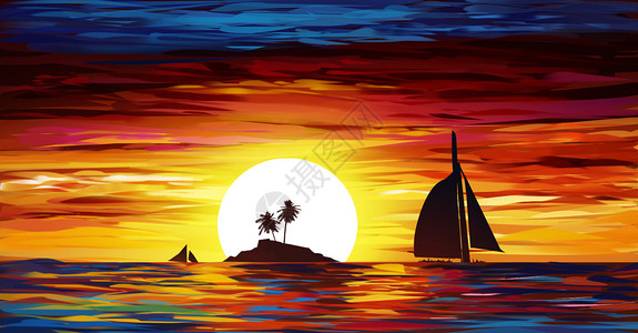 温暖日落帆船唯美日落海面插画