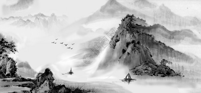 手绘中国画中国风山水画插画