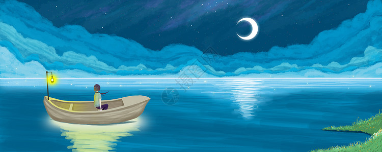 夜景湖面月光下的船插画插画
