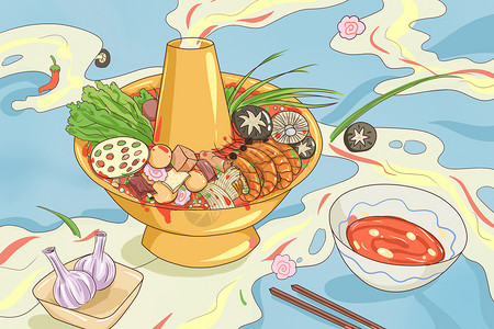 海鲜与蔬菜美味的火锅插画
