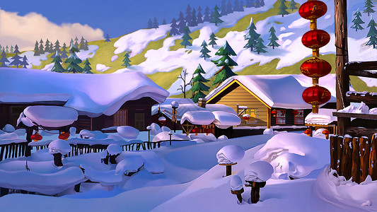 圣诞雪景素材冬天雪景唯美插画插画