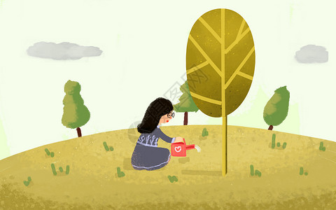 简单银色爱心浇树的小女孩插画