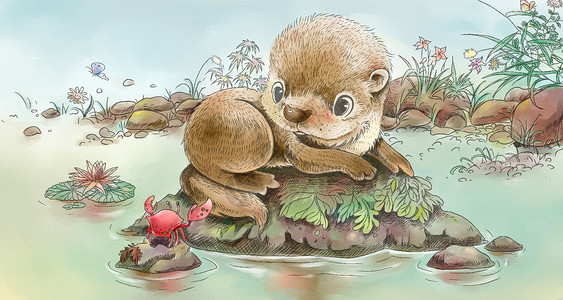 手绘水獭水彩小松鼠高清图片