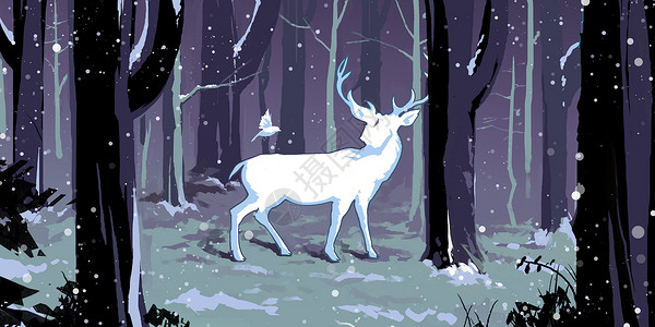 唯美圣诞雪景背景素材冬夜里的白色小鹿插画