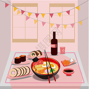甜美粉色系餐桌原创小清新矢量日式料理插画