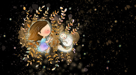 天使猫落叶上的女孩与猫插画