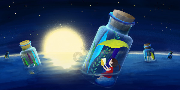 瓶子中大海上漂流瓶里读书的女孩插画