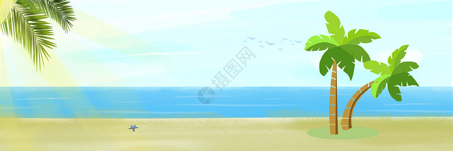 海边椰子树太阳海边卡通背景设计图片