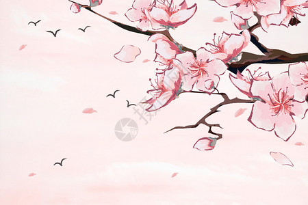 粉色手绘中国风桃花背景插画