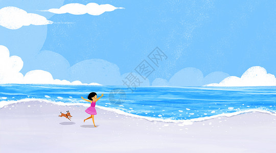 夏日沙滩小女孩海边奔跑的小女孩插画