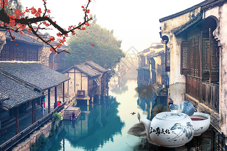 鱼群与美人鱼中国风江南人家意境背景设计图片