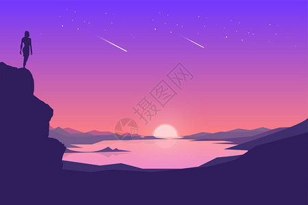 创意拍照星空中的夕阳插画