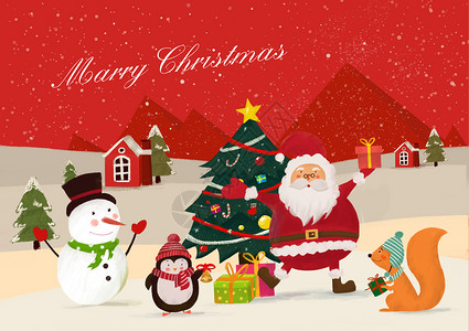 圣诞节家装圣诞老人和可爱的动物 雪人插画