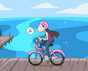 强化木地板快乐女孩骑着单车去海边矢量插画插画