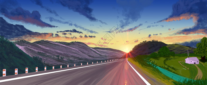 高速堵车清晨日出下的自然风景插画插画
