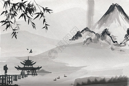 山脚下的寺庙禅意水墨中国风背景设计图片