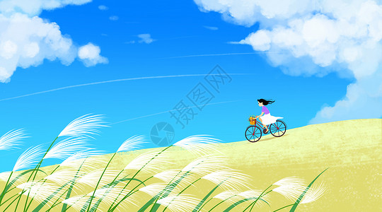 春天的田野骑单车的女孩插画