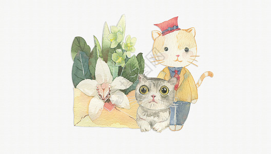 叶子和猫手绘水彩英国短毛猫咪插画