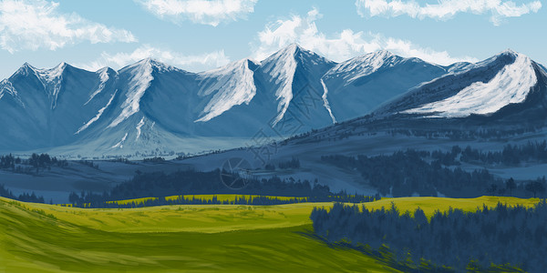 午后的雪山雪山下的自然风光插画插画