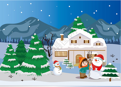圣诞房屋原创矢量 雪中玩雪的女孩插画