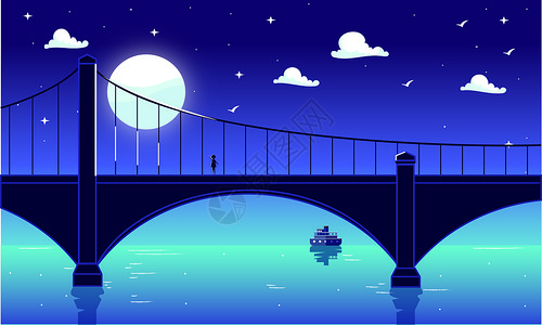 海洛创意素材海面桥上夜景唯美插画插画
