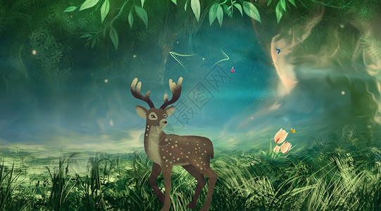 矢量自然风光深山上夜里的小鹿设计图片