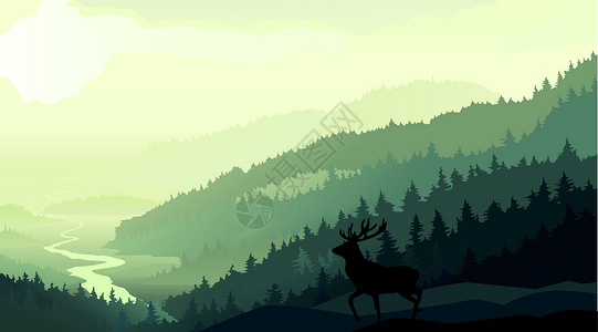 矢量树剪影小鹿的眺望设计图片