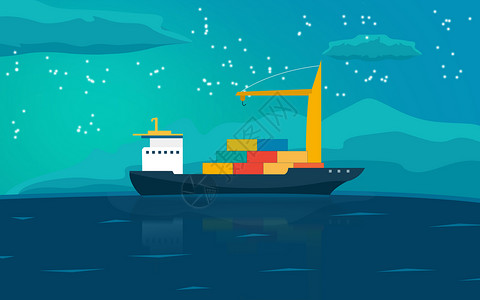 海上物流运输集装箱大货船手绘插画