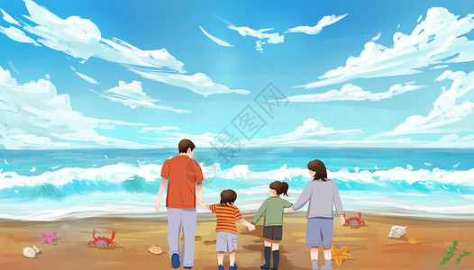 海边夕阳风光夕阳下的一家人设计图片