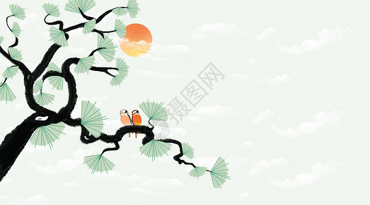 抽象叶子中国风水墨迎客松背景插画