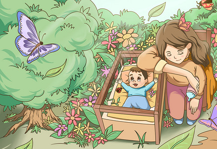 看护儿童亲子的幸福时光插画