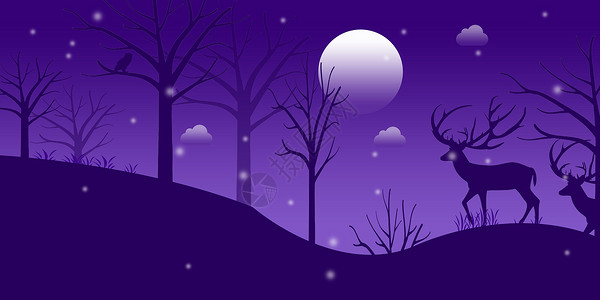 月光下麋鹿唯美夜晚渐变插画设计图片