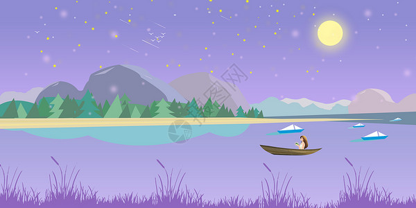 湖上风景紫色渐变风景插画设计图片