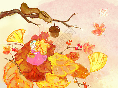 秋冬唯美落叶插画背景图片