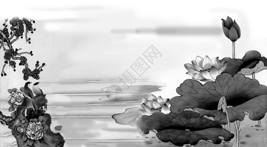 荷花喜鹊山水画背景图片