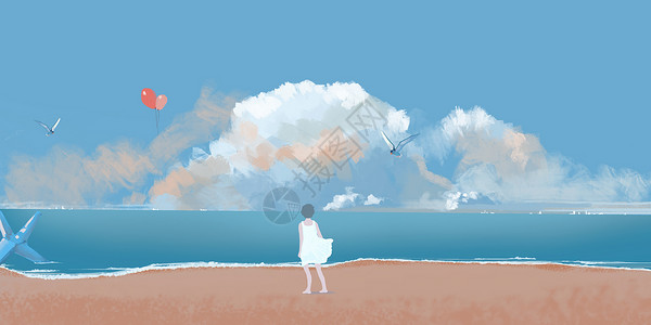 海滩女孩红气球唯美浪漫海边场景插画