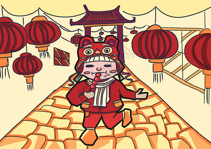 中国风儿童新年逛公园吃糖葫芦吃糖葫芦的小孩插画