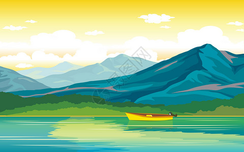 风景画背景彩绘里的小船设计图片