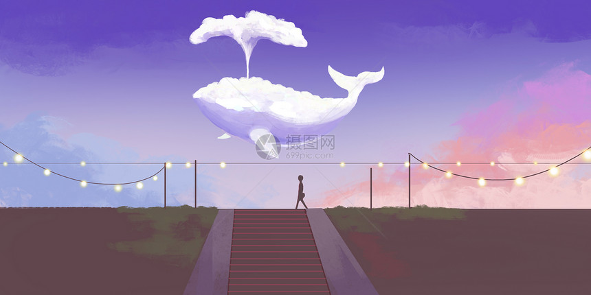 唯美鲸鱼云朵场景插画图片