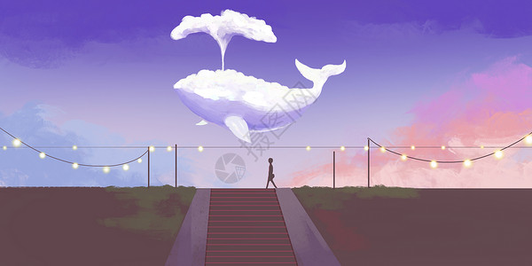 唯美鲸鱼云朵场景插画图片